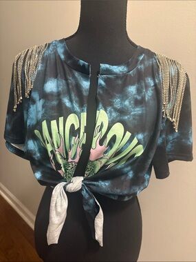 Fashion Nova Blue Tie-Dye Rhinestone Fringe Tie-Front Crop Top.  Dangerous